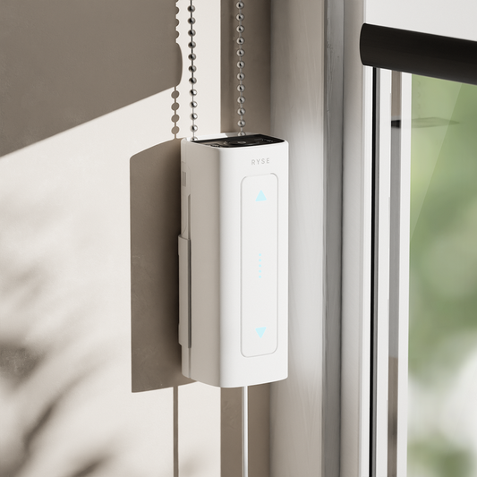 RYSE SmartShade motor attached to a beaded-chain shade, controllable by voice through Google Home