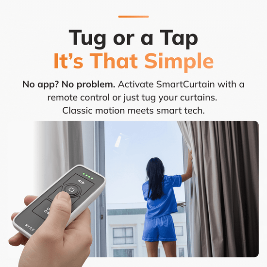 Smart curtain control system with remote control and person opening curtains.