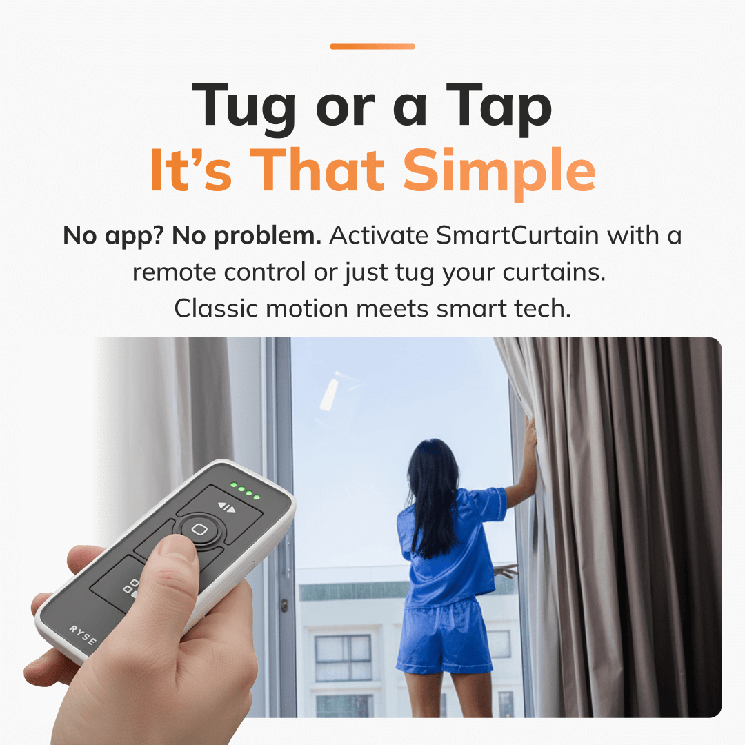 Smart curtain control system with remote control and person opening curtains.